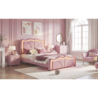 Sunvega Pink Twin Size Upholstered Bed with Height-Adjustable Headboard and LED Light Strips