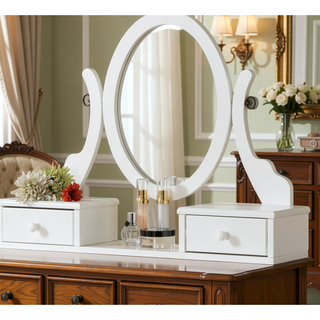 Sunvega Adjustable Oval Wooden Frame Vanity Table with Mirror and Stool