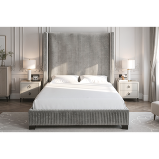 Sunvega Queen Upholstered Pleated Bed in a Box with Sturdy Dark Brown Frame
