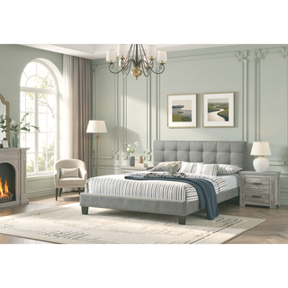 Sunvega Modern Light Gray Upholstered Tufted Headboard California King Platform Bed