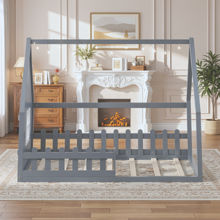 Sunvega Full Size Wood House Bed with Fence Window and LED Lights