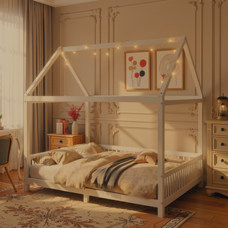 Sunvega White House Shaped Full Size Bed with Guardrail and LED Lights