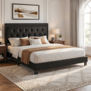 Sunvega Tufted Queen Panel Bed with Low Platform for Modern Bedroom Decor