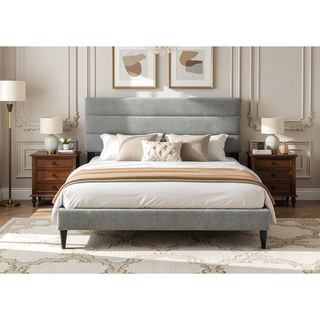 Sunvega Queen Upholstered Pleated Bed in a Box with Sturdy Dark Brown Frame