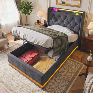 Sunvega Full Size Upholstered Bed with 360 LED Lighting Hydraulic Storage and USB Charging