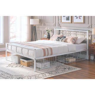 Sunvega Contemporary White Metal Queen Size Bed With Underbed Storage and USB Outlet