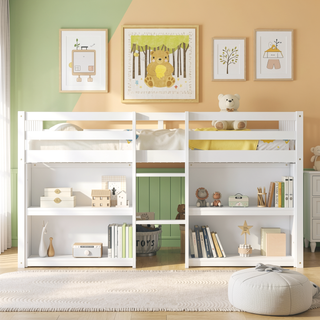 Sunvega Low Loft Bed With Two-Tier Shelves LED Light And Guardrail For Kids