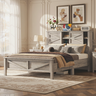 Sunvega Full Size Farmhouse Platform Bed with Double Sliding Barn Door and Charging Station