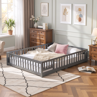 Sunvega Solid Wood Floor Bed with Safety Guardrails and Door for Children