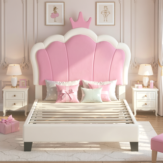 Sunvega Cream Pink Full Size Princess Bed with Crown Headboard and Footboard