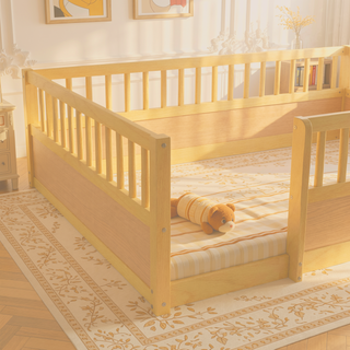 Sunvega Montessori Wooden Children's Floor Bed Frame with High Safety Fence