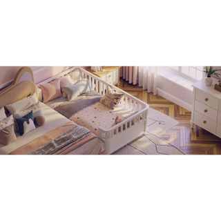 Sunvega White Twin Wood Platform Bed for Kids with Safety Rails and Low Profile
