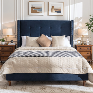 Sunvega Blue Velvet King Bed with Nailhead Trim Wingback and Buttoned Tufting