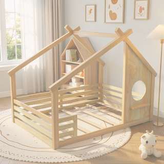 Sunvega White Twin House Floor Bed with Window and Shelf for Kids Room