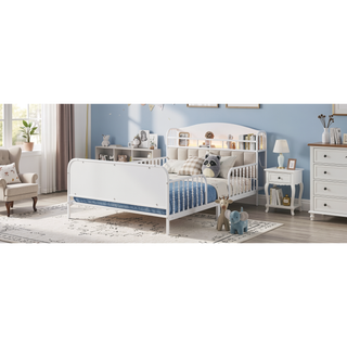 Sunvega Kids Full Metal Bed with Upholstered Headboard LED Lights and Storage