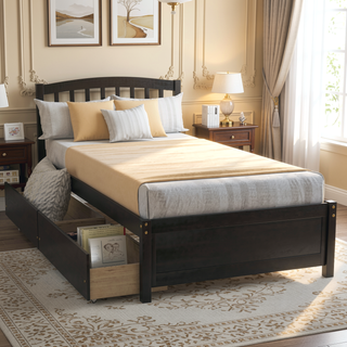 Sunvega Twin Wood Platform Storage Bed Frame with Two Drawers and Headboard
