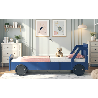 Sunvega Blue Twin Size Car-Shaped Platform Bed with Wheels for Kids