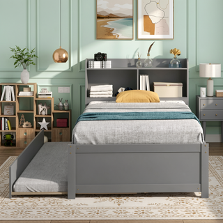 Sunvega White Twin Trundle Bed with Storage Headboard and Bookcase