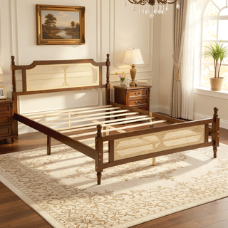 Sunvega Queen Pine Wooden Bed with Rattan Headboard and Footboard for Bedroom