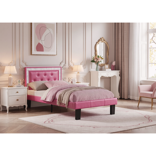 Sunvega Pink Faux Leather Upholstered Full Size Bed with Tufted Headboard