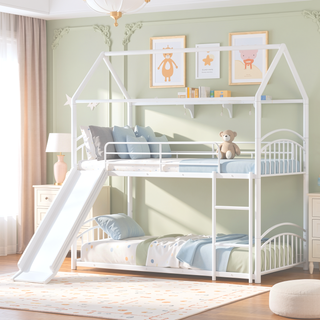 Sunvega Twin Over Twin Metal Bunk Bed With Slide And Removable Playhouse Roof