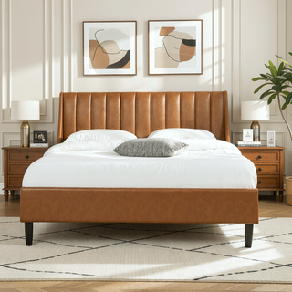 Sunvega Handmade Vertical Tufted Headboard Platform Bed Set in Light Beige Linen