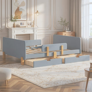 Sunvega Twin Size Solid Wood Platform Bed with Storage Drawers and Guardrail