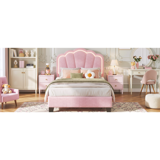 Sunvega Elegant Flower Upholstered Headboard LED Light Strip Sherpa Fabric Twin Bed