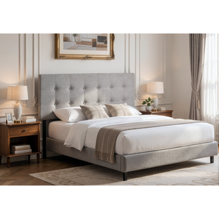 Sunvega Button-Tufted Upholstered Headboard in Grey Linen Look for Full Size Bed