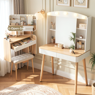Sunvega White Vanity Desk with Mirror Lights Sliding Mirror and Two Fluted Drawers