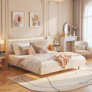 Sunvega King Floating Bed Frame with LED Light and Charging Station Upholstered Platform