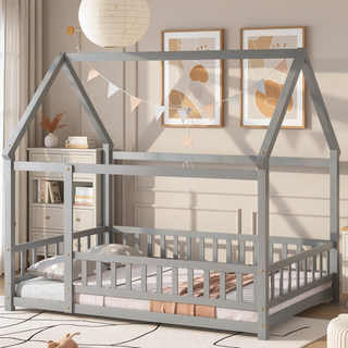 Sunvega Full Size Floor Wooden Bed with House Roof Frame and Fence Guardrails
