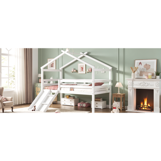 Sunvega Twin Low Loft House Bed with Slide Ladder Safety Guardrails and Roof Frame