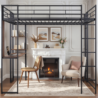 Sunvega Full Size Metal Loft Bed with Desk and 2 Shelves White