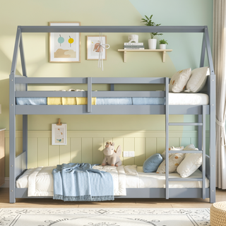 Sunvega Twin Over Twin Wooden House Bunk Bed with Headboards Footboards Guardrails Ladder