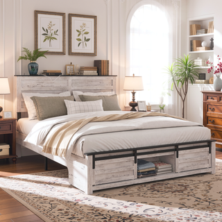Sunvega Queen Bed Frame with Upholstered Headboard and LED Lighting Charging Station