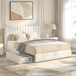 Sunvega Queen Size Ivory Boucle Upholstered Platform Bed with 4 Storage Drawers