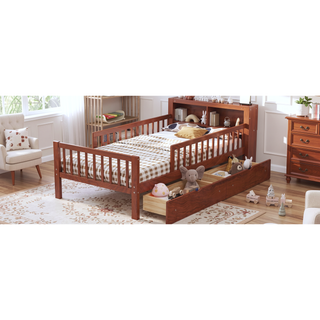 Sunvega Twin Size Bed with Headboard Storage, Two Under-Bed Drawers, and Three-Side Guardrails