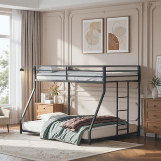 Sunvega Contemporary Twin Over Full Low Bunk Bed with Reversible Ladder in Matte Black