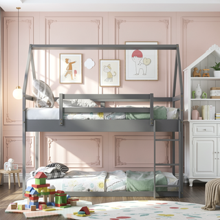 Sunvega Twin Size House Bunk Bed with Slide and Ladder for Kids Room