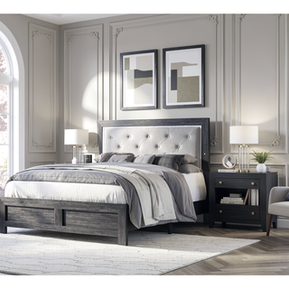 Sunvega Modern Beige Faux Leather Queen Panel Bed with Headboard Lighting