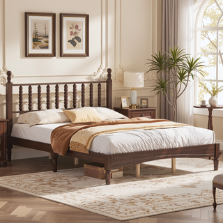 Sunvega Retro Style Queen Size Wood Platform Bed with Gourd Shaped Headboard and Slat Support