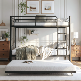 Sunvega Twin Metal Bunk Bed with Trundle Ladder and Full-Length Guardrail