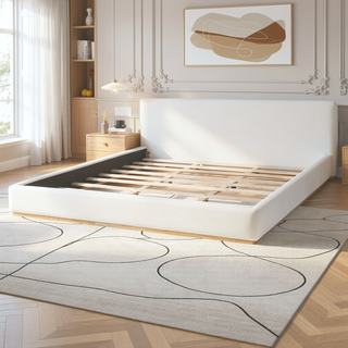 Sunvega Upholstered King Bed With Solid Wood Frame And Wooden Slatted Base White