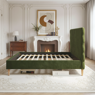 Sunvega Retro Modern Wavy Headboard Platform Bed with Upholstered Frame in Antique White