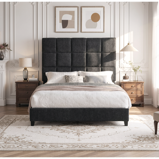 Sunvega Queen Size Upholstered Platform Bed with Grey Squares and Polyester Fabric