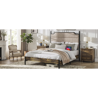 Sunvega Queen Size Bed Frame with Upholstered Headboard and Charging Station