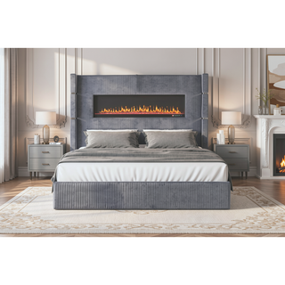 Sunvega Queen Size Upholstered Bed with Electric Fireplace and Bluetooth Speakers in Gray Velvet