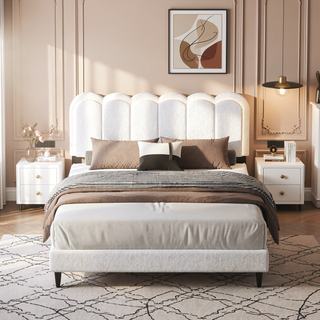 Sunvega Cream Petal Headboard Bed Frame with Atmosphere Light for Bedroom