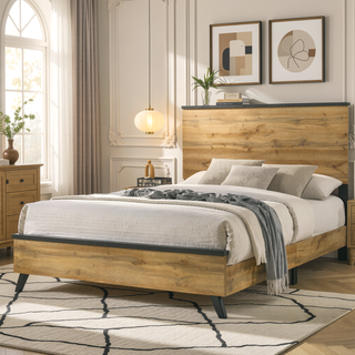 Sunvega Mid-Century Modern Queen Panel Bed with Weathered Brown Pine Finish
